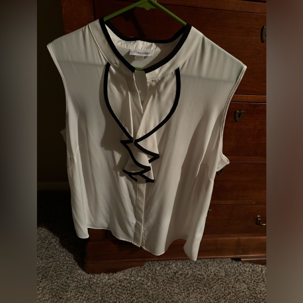Calvin Klein white blouse with ruffle, black trimmed